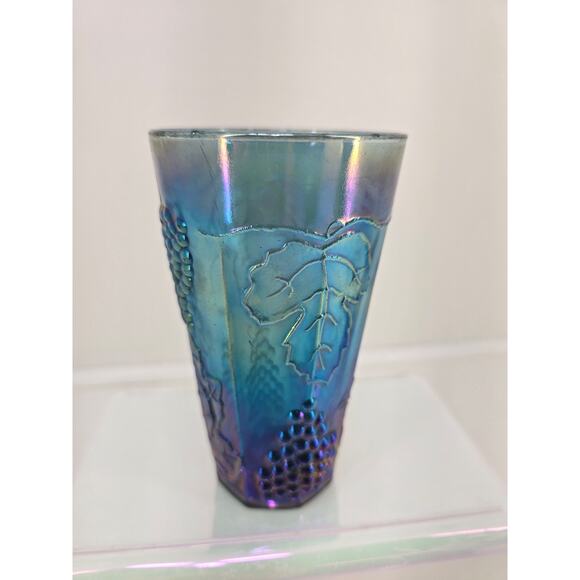 Vintage Carnival Glass Tumbler Grape Leaf Pattern Iridescent Blue - Picture 2 of 5